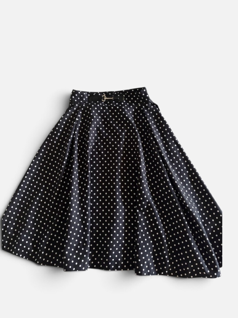 Midi Black Polka Dot Circle Skirt with Belt Accent